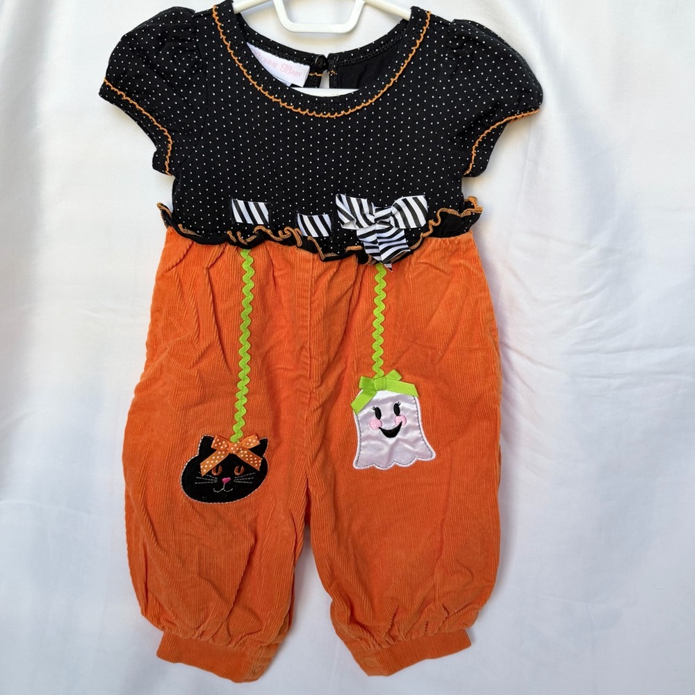 Bonnie Baby Black, Orange & Green Halloween Pumpkin Ghost Romper with Zebra Bow